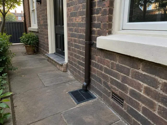 Brick house side path with a seated stormwater grate beside a downpipe in Camperdown